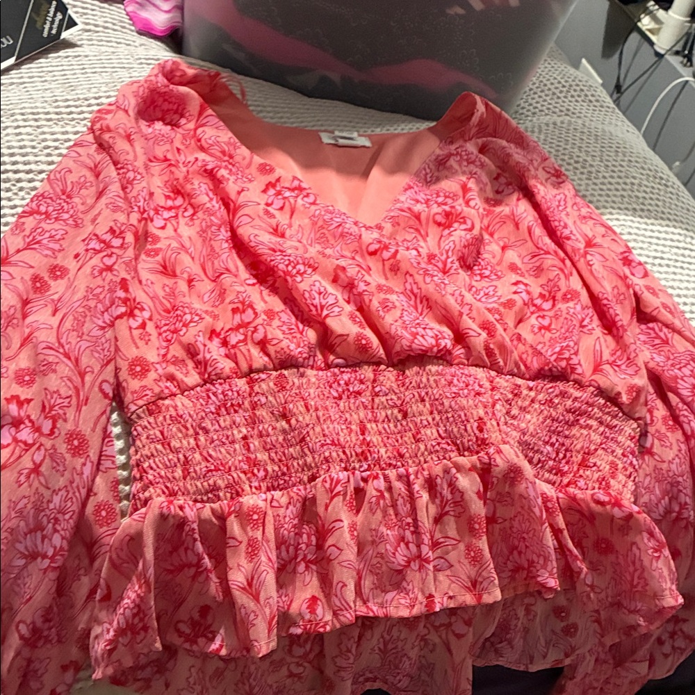 Japna Coral Pink Floral V-Neck Smocked Waist Blouse